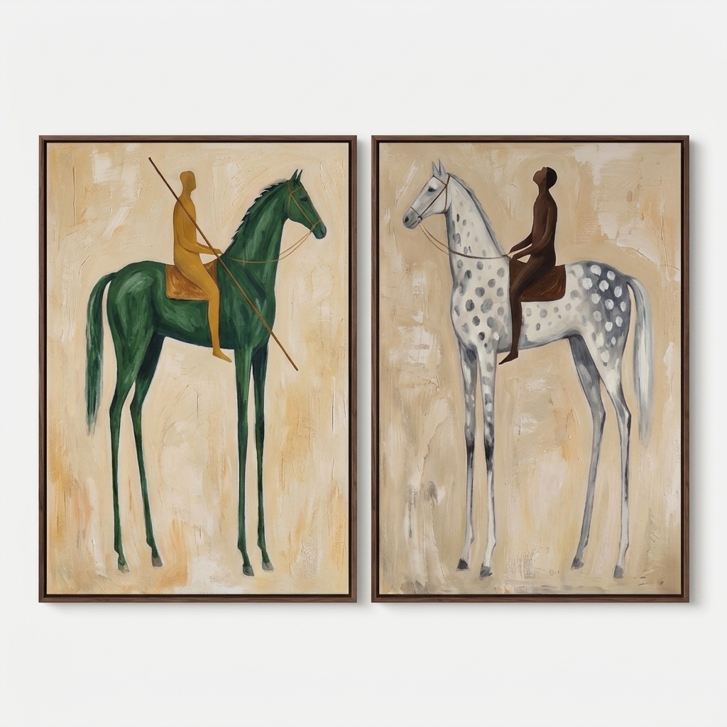 Figurative Equestrian Green & Grey Riders - Wall Art by Fir Gallery