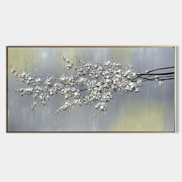 White Blossom Branch Silver Bloom - Wall Art by Fir Gallery