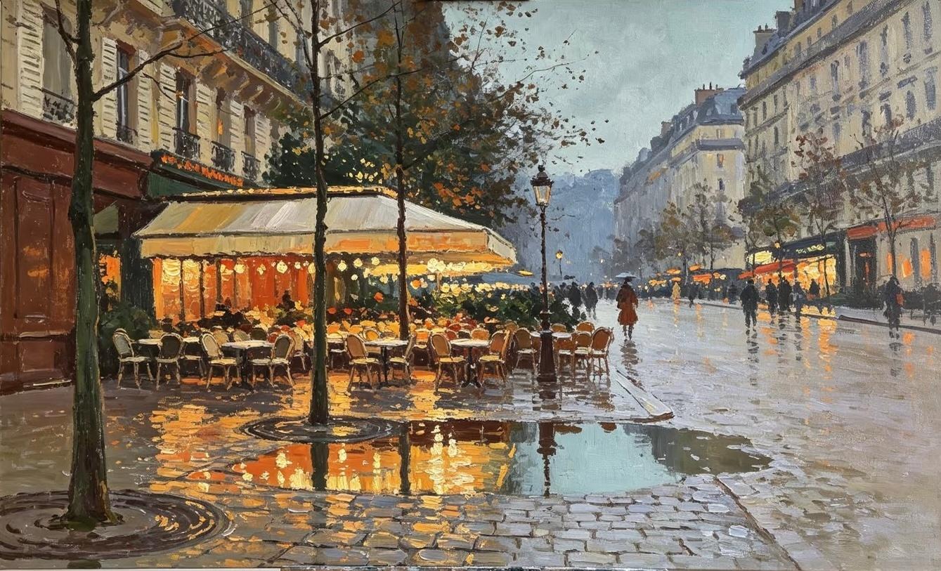 Parisian Café Street Evening Rain